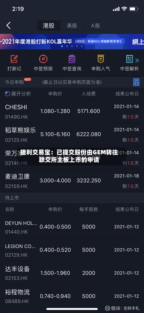 捷利交易宝：已提交股份由GEM转往联交所主板上市的申请