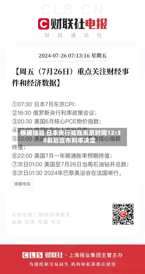 根据经验 日本央行或在东京时间12:30前后宣布利率决定