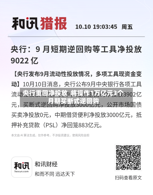 央行重回净投放 将操作1万亿元3个月期买断式逆回购